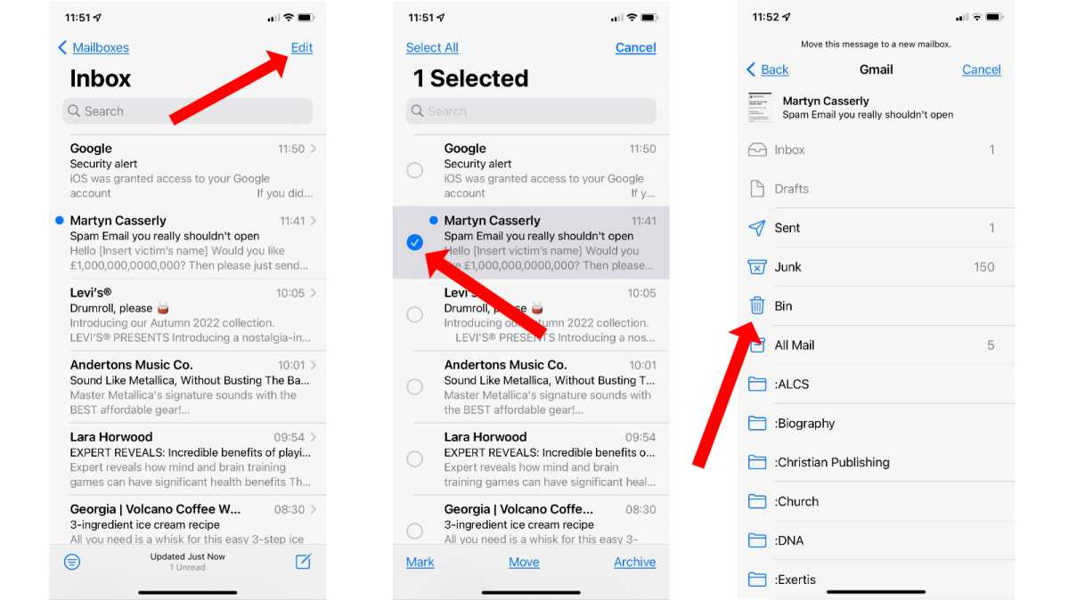 Eliminar correos electrónicos sin abrir en iPhone a través del menú Editar 