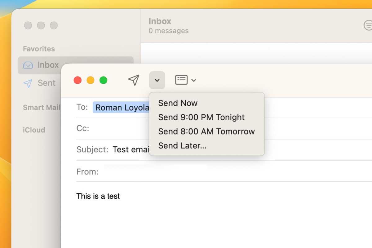 en macOS Ventura's Mail, la aplicación hace sugerencias sobre cuándo desea enviar un correo electrónico.