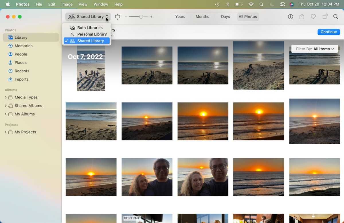Cuando obtiene una vista previa de su biblioteca de fotos compartidas de iCloud, puede ordenar las fotos por estado compartido o no compartido.