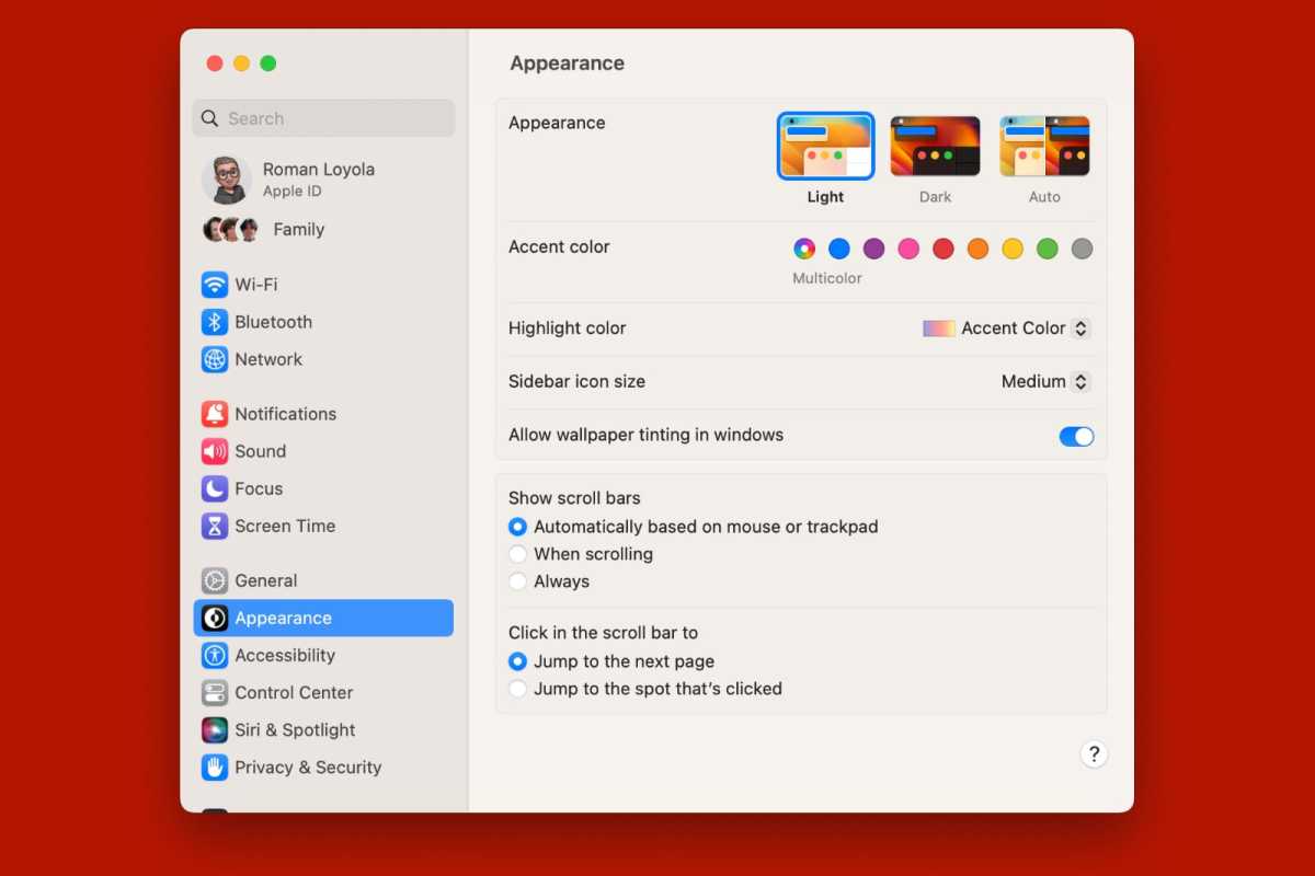 macOS Ventura tiene una nueva configuración del sistema de apariencia para ajustar los colores y las barras de desplazamiento.
